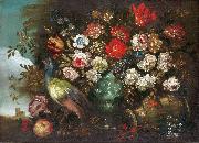 Stilleben med blommor och pafagel, Andrea Boscoli